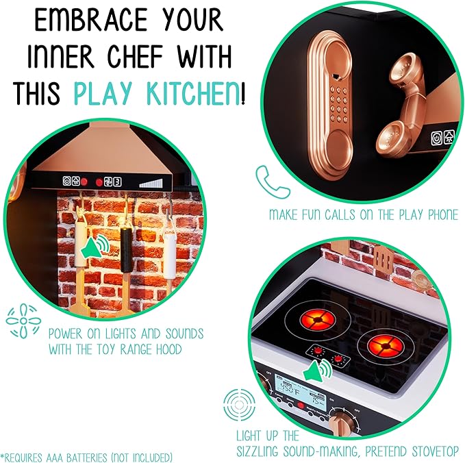 Lil' Jumbl Jumbl Kids Kitchen Set, Pretend Wooden Play Kitchen, Battery Operated Icemaker, Microwave, Range Hood, Stove Top, Oven, with Realistic Sound & Lights, Pots, Pan, & Utensils Included