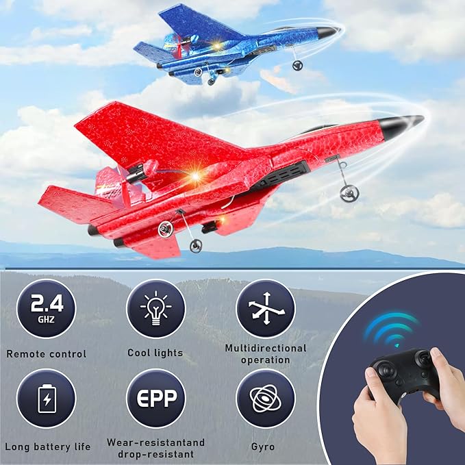 RC Plane Remote Control Glider Airplanes, 2.4 GHZ Remote Control Airplane with Auto Balance Gyro, with Light Strip, Beginner's Choice (Blue)