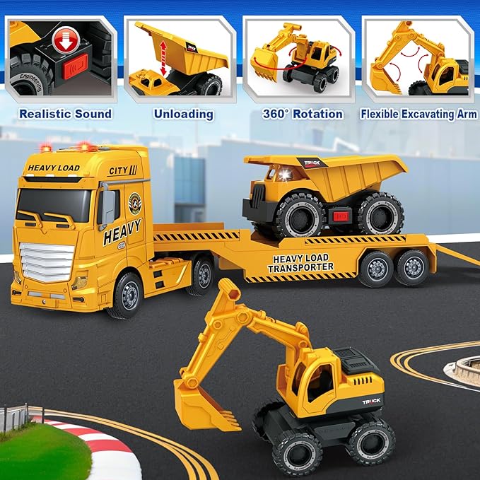 SpringFlower 3 4 5 6 Toddler Boy Toys, 25" Construction Carrier Truck Toy with Excavator and Dump Truck,3 in 1 Truck Boy Toy, Christmas Birthday Gifts for Kids 3 4 5 6 Years Old