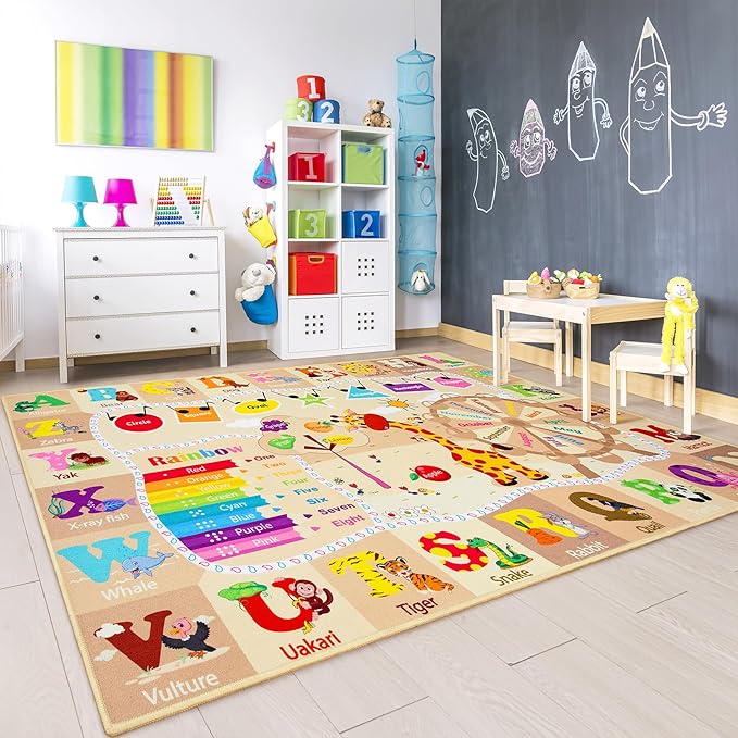 Chicrug Educational Kid Area Rug for Playroom, 4x6 Feet TPR Non Slip Kids Classroom Carpet Rug for Learning ABC Animal, Shape Color Fruit, Washable Play Mat Rug for Children Nursery Toddler Room Decor