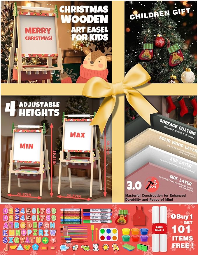 Joyooss Art Easel for Toddlers, Adjustable Standing Wooden Easel with Dry Erase Board, for Kids Age 2-4 to 9-12