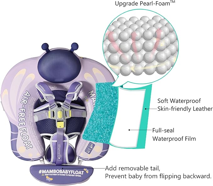 Mambobaby Float Add Tail Baby Swim Float with Canopy Solid Pool Infant Swim Trainer Swimming Training Lying Air Free Water Floats Non-Inflatable Waist Swim Ring for Toddlers (Butterfly-Purple)