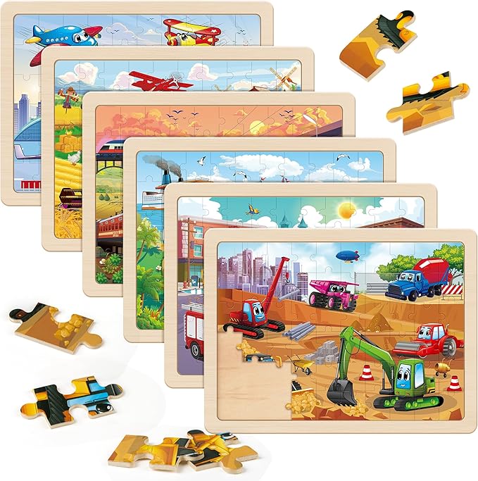 SYNARRY Wooden Vehicle Puzzles for Kids Ages 4-6, 6 Packs 60 PCs Jigsaw Puzzles Preschool Educational Toys Gifts for Children Ages 4-8, Kids Toys Gifts for 4+ Year Olds Boys Girls