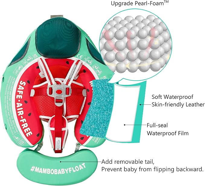 Mambobaby Float Add Tail Baby Swim Float with Canopy Solid Pool Infant Swim Trainer Swimming Training Lying Air Free Water Floats Non-Inflatable Waist Swim Ring for Toddlers (Watermelon)