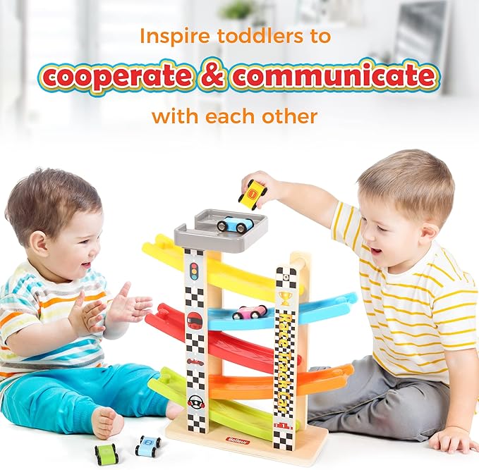 Montessori Toy for 1-3 Years Old Boys and Girls, Kid Race Track Car for Toddlers with 5 Mini Cars & 5 Ramps, Wooden Montessori Car Ramp Toy Set for Babies' Birthday Gifts, Visit Gifts