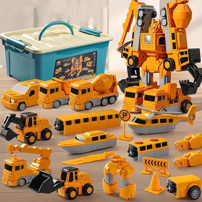 Magnetic Transform Engineering Car Assembled Toys with Storage Box,Magnetic Blocks for Toddlers,Constructo Modular Transforming Toy Set for Boys and Girls (Robot Construction Vehicles, Pieces, 35)