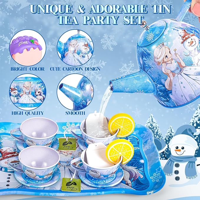 Frozen Tea Party Set for Little Girls, Princess Gift Toy, Kids Pretend Play Tin Tea Set with Teapot, Tea Cups, Food Playset & Carrying Case, Birthday for Girls Age 3+