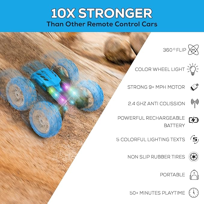 RC Stunt Car Double Sided roll,360°Rotating Teton Remote Control Car-LED Headlights and Colourful Light Wheels,All Terrain,Rechargeable Toys for Kids Ages 6-12,8-10 Year Old Boys
