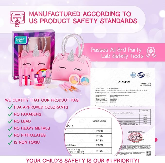 Kids Real Makeup Kit for Girls with Pink Unicorn Purse, Non Toxic Washable Make Up Toy - Easter Basket Stuffers for Toddler & Gifts for Girl Ages 3 4 5 6 7 8 9 10 Years Old - Pretend Play Vanity Set