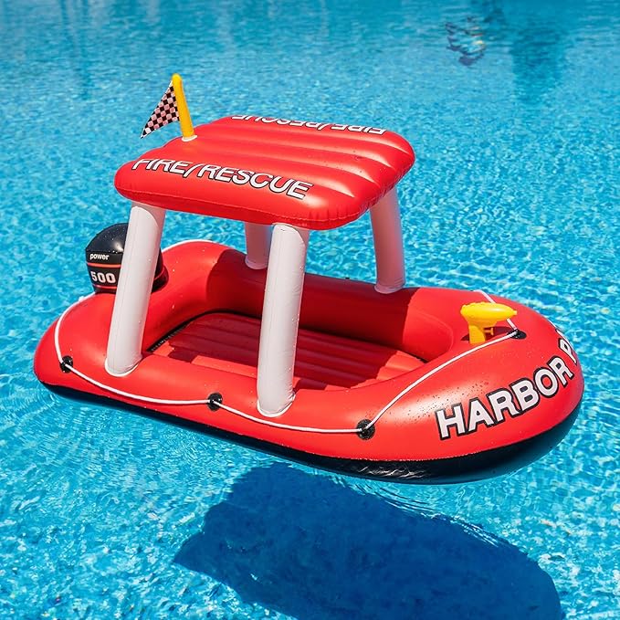 Zone Tech Inflatable Patrol Boat Pool Float and Harbor Master Boat Pool Float Ride On Fun Water Toy Squirter