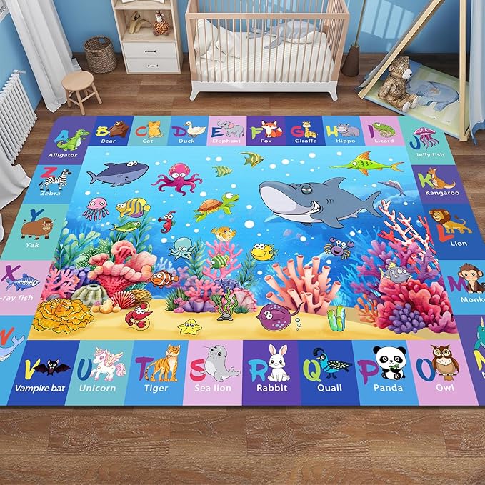 Alphabet Play Rugs for Kids Playroom, Under Ocean Sea Boys ABC Rug for Living Room 3x5 Educational Game Mat Kids Bedroom Carpet for Indoor Beach Animals Classroom Play Mat Blue Decor