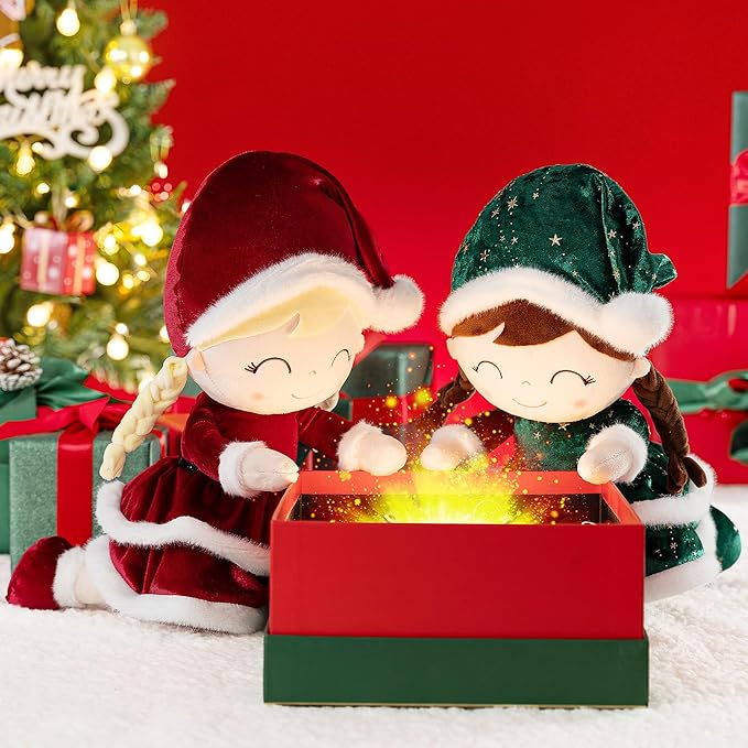 Gloveleya Soft Plush Doll Christmas Girl Dolls with Green Dress, Gift Box & Free Card - Perfect Holiday or Birthday Gift for Toddlers 2-8 Ages, 16"