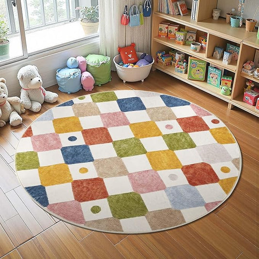 jinchan Round Rug 4ft Kids Washable Rug Colorful Trellis Indoor Floor Cover Non Slip Soft Modern Living Room Diamond Carpet for Nursery Room Bedroom Playroom Circus on Cream