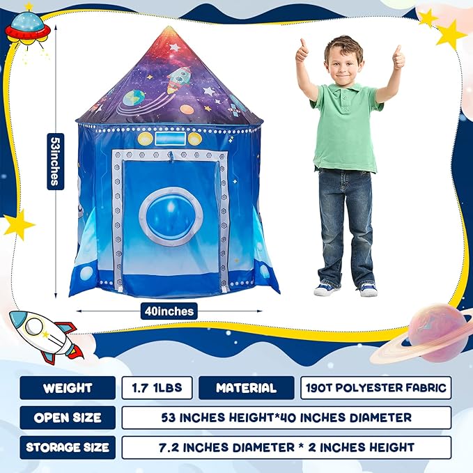 Rocket Ship Kids Tent, Pop Up Play Toy House for Kid, Toddler Tent Large Space Indoor Playhouse. Unique Play Tents for Toddlers Boys & Girls. Best Birthday Gift for 3 4 5 Years Kids Toy
