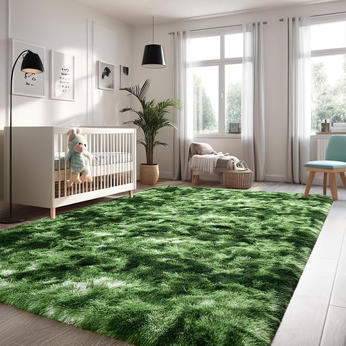 Nuttumico Large Fluffy Area Rug, 6x9 Feet Modern Indoor Carpets for Living Room Bedroom, Plush High Pile Tie-Dyed Dark Green Rug for Girls Kids Playroom Classroom Nursery Home Decor