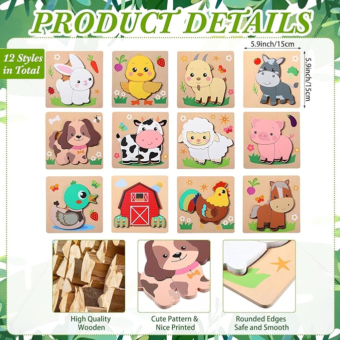 Capoda 12 Pack Farm Animal Wooden Puzzles Wood Farm Jigsaw for Toddlers Featuring Cow, Sheep, Pig and More Montessori Preschool Learning Games for Boys Girls Classroom Exchange Gifts Party Favors