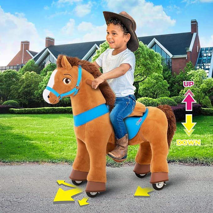 PonyCycle Ride on Toy Riding Horse Ride-on Horse for Toddler Riding Pony Toy (with Brake/ 30" Height/Size 3) Plush Animal Mechanical Pony Rider with Wheels Spirit Toys Birthday Surprise Brown E337