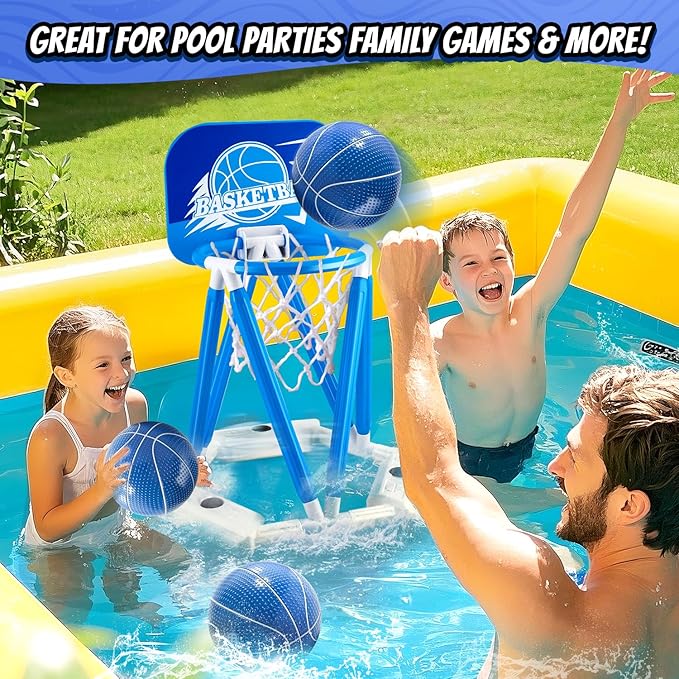 Pool Basketball Hoop, Floating Basketball Hoop Toy for Pool Water Game with 4 Basketballs Summer Swimming Pool Games for Kids & Adults Indoor Outdoor Play (Blue)