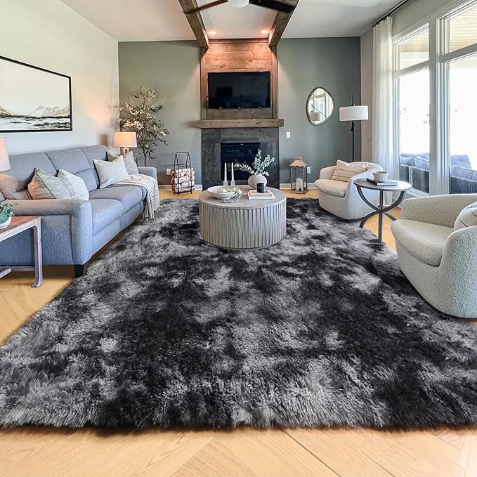 PAGISOFE Abstract Shaggy Area Rug 6x9 Feet,Plush Fluffy Rugs for Living Room,Tie-Dyed Grey Soft Rug for Bedroom,Furry Rugs for Girls Boys Kids Room,Extra Large Fuzzy Rug, Shag Carpets for Room Decor