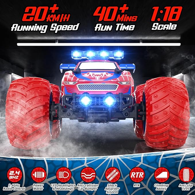 1:18 Remote Control Car - 20km/h 2.4GHz All Terrain Off-Road Monster Truck with Bodylights&Headlights &Headlamps, Rechargeable Toy Car Gift for 3 4 5 6 7 8 9 10-12 Year Old Boys Girls Kids