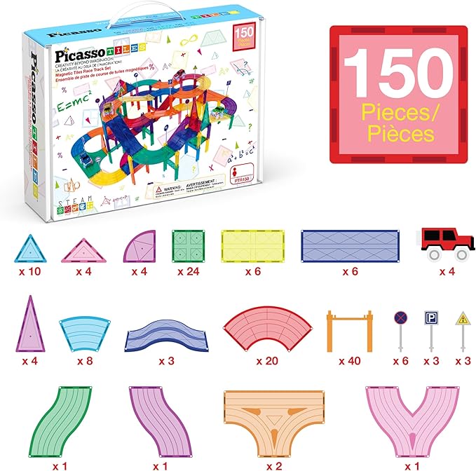 PicassoTiles 150 Piece Race Car Track Building Block Educational Toy Set Magnet Tile Magnetic Blocks Playset 4 Cars Early STEM Learning Construction Kit Hand-Eye Fine Motor Skill Brain Training PTR150