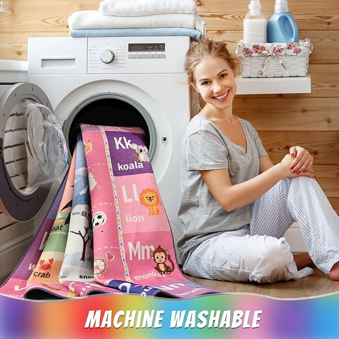 ABC Kids Rug for Playroom, 4x6 Pink Purple Washable Classroom Area Rugs, Toddler Educational Play Mat with Alphabet Numbers Seasons Shapes, Learning Fun for Preschool Children