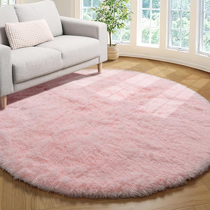 ONASAR Light Pink Round Area Rugs 3ft for Bedroom Living Room, Fluffy Cat Dog Bed Mat, Washable Circle Rug for Kids Girls Boys Teen, Soft Plush Shaggy Carpet for Nursery Dorm Home Decor Aesthetic