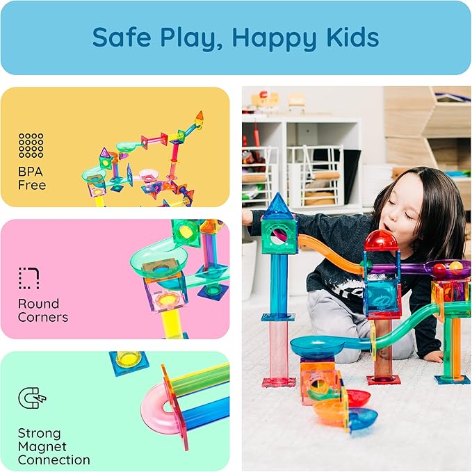 PicassoTiles Marble Run 120 Piece Magnetic Building Blocks Magnet Tile Construction Toy Playset STEM Learning Educational Block Child Brain Development Kids Toys for Boys and Girls Age 3 and Up