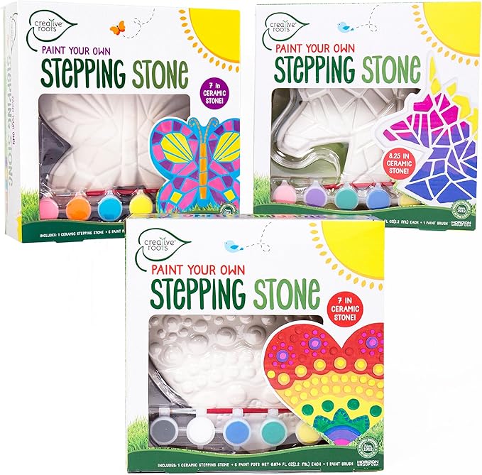 Creative Roots Mosaic Butterfly, Unicorn, & Heart Stepping Stone, Includes 7-Inch Ceramic DIY Stepping Stone & 6 Vibrant Paints, Paint Your Own Stepping Stone for Kids Ages 8+ (Pack of 1, 3 count)