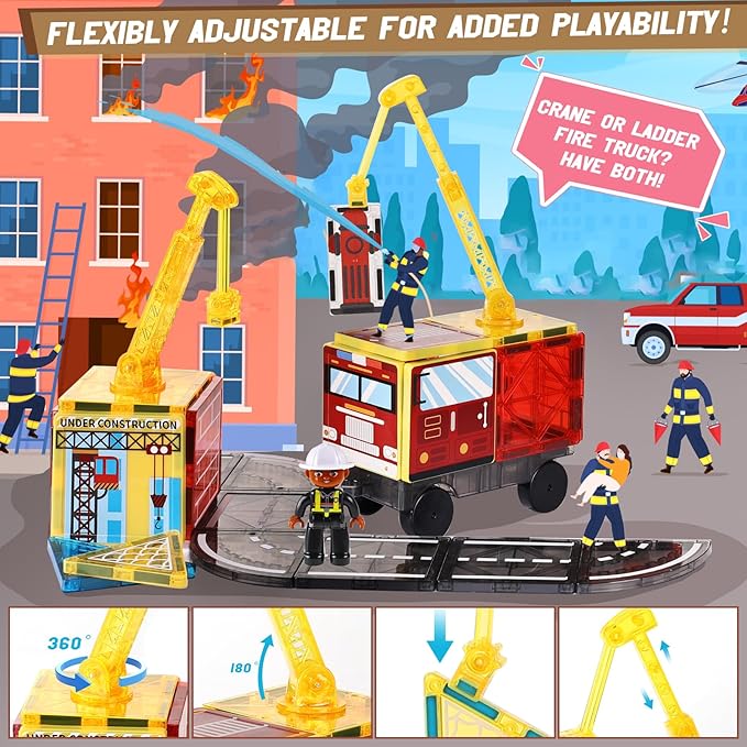 Magnetic Tiles Road Set with 2 Cranes & Double-Sided Magnet Tiles,Boys Toys for Ages 3-5 5-7 8-12,STEM Magnetic Building Construction Toys Include Car,Stations,Dolls,Roads,Signs,Gifts for 3+ Kids