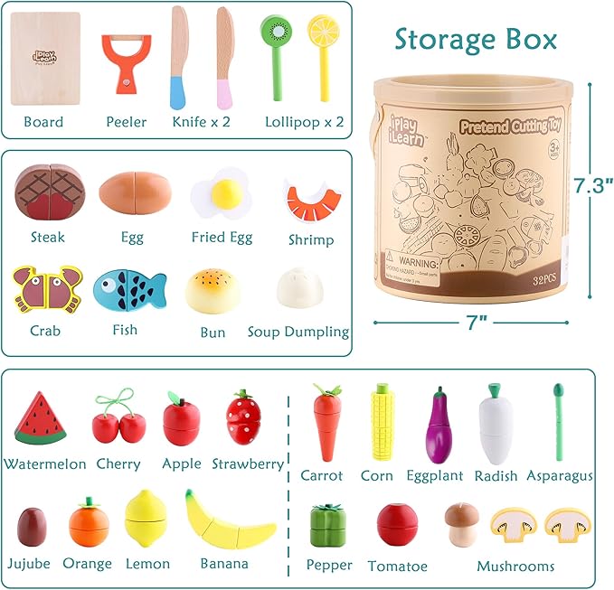 iPlay, iLearn Wooden Pretend Play Food, Cutting Cooking Set W/Chopping Board, Kitchen Vegetables Fruit Magnetic Toy, Early Learning Educational Gifts for 3, 4, 5, 6 Year Old Kids, Toddler, Boy, Girl
