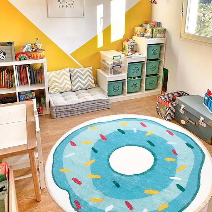Kids Carpet Rug 5.2Ft Round Donut Bedroom Rug Circle Large Play Mat Playroom Area Rug for Boys Girls Nursery Classsroom Living Room Decor, Washable, Nonslip, Blue