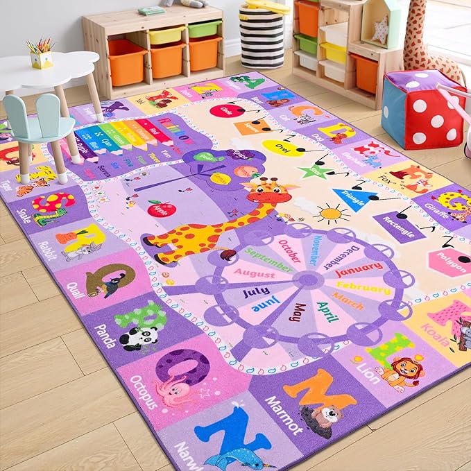 Chicrug Educational Kid Area Rug for Playroom, 7x10 TPR Non Slip Kids Classroom Carpet Rug for Learning ABC Animal Shape Color Washable Play Mat Rug for Children Nursery Toddler Room Decor