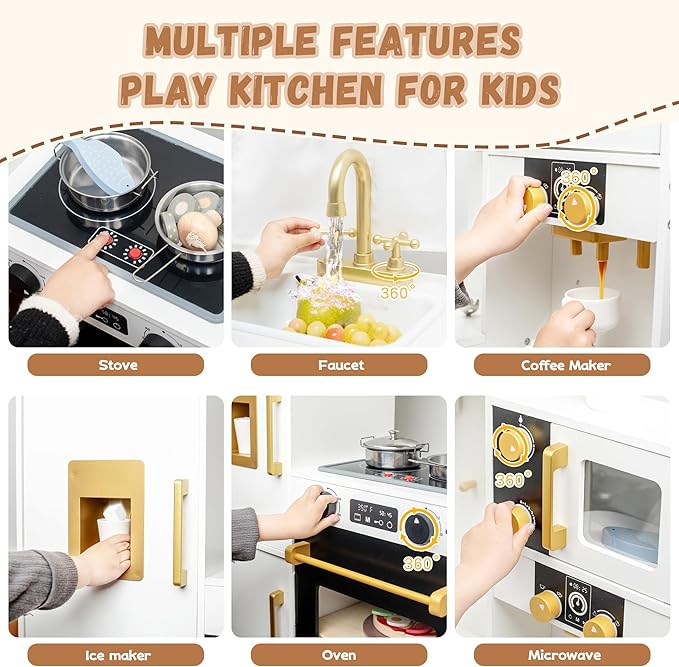 Interactive Wooden Toy Play Kitchen Playset for Kids – Realistic Lights & Sounds, Corner Design with 8 Accessories, Gift for Girls & Boys Ages 3+