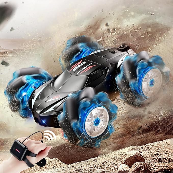RC Stunt Car, 2.4GHz 4WD Gesture Sensing Remote Control Car with Cool Light and Music, Double-Sided 360° Flips RC Cars for Boys Age 6-12 8-12 Birthday Christmas Toy Cars(Blue)
