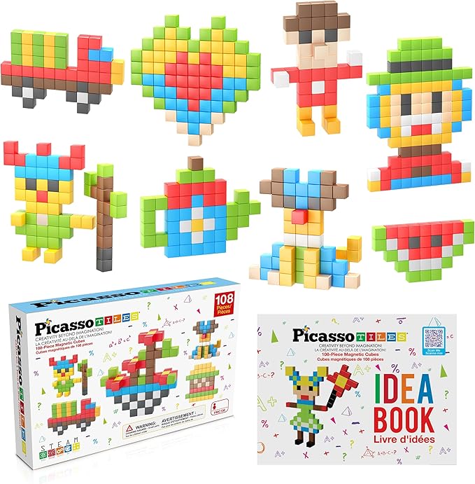 Picasso Cubes 1” Magnetic Puzzle Cubes 108 Piece Magnet Construction Building Block Set Sensory Toy Early Education STEM Learning, Free Ideabook with 50 Ideas, Children Age 3+ Boy Girl PMC108