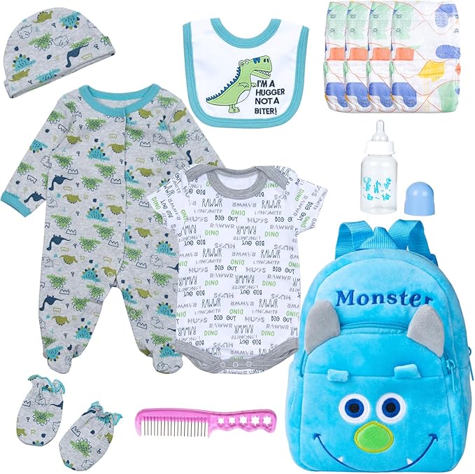 PEDOLLTREE 12 Pcs Set Reborn Baby Dolls Clothes Outfit Accessories Blue Dinosaur Set for 17-22 Inch Reborn Doll Newborn Boy with Monster Backpack Diaper