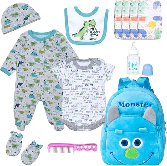 PEDOLLTREE 12 Pcs Set Reborn Baby Dolls Clothes Outfit Accessories Blue Dinosaur Set for 17-22 Inch Reborn Doll Newborn Boy with Monster Backpack Diaper