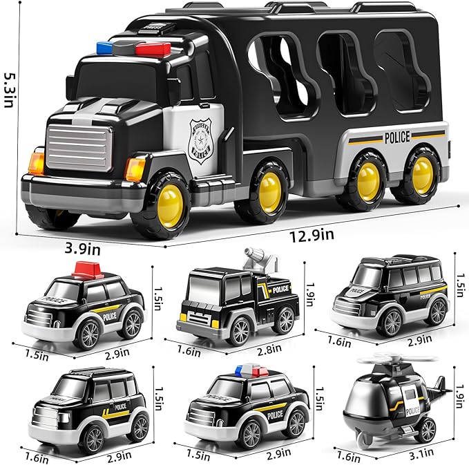 Police Truck Toy for 3-9 Years Old Boys & Girls - 7 in 1 Black Carrier Vehicle Set with 5 Toy Cars & 1 Helicopter, Friction Powered Car for Kids Age 1-3, Birthday Gifts for Toddlers 3-5