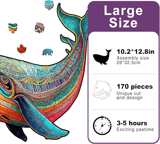 Wooden Puzzles for Adults, Whale Unique Shaped Wooden Jigsaw Puzzle, Ocean Animals Wood Cut Puzzles, Birthday Holiday, 170 Pieces, 10.23"x12.79"