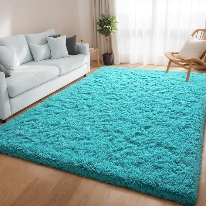 Teal Blue Fluffy Soft Living Room Bedroom Rug, 4x6 Area Rugs Super Soft Shaggy Carpet for Living Room Classroom Kids Babys Playroom Toddler Nursery Dorm Home Decor, Modern Indoor Non Slip Rug