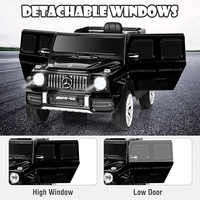 OLAKIDS 12V Kids Ride On Car, Licensed Mercedes Benz G63 Electric Vehicle with Remote Control, Double Open Doors, Music, Bluetooth, 2 Speeds, Wheels Suspension, Battery Powered Driving Toy (Black)