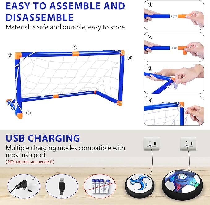 Hover Hockey Set for Kids, 3-in-1 Hover Hockey Soccer Ball Toy Set, Rechargeable Floating Air Soccer Hockey Ball with Led Light, Indoor Outdoor Sports Game Toy Gifts for 3 4 5 6 7 8+ 12 Years Boy Girl