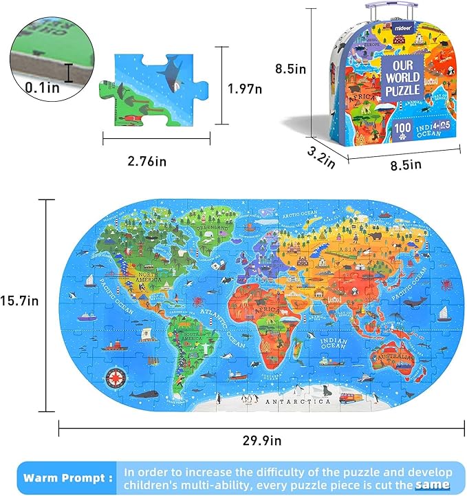 Mideer Floor Puzzle for Kids 4-8, 100 Piece World Map Jigsaw Puzzle with Continents, Geography Educational Toys for Boys and Girls, Globe Atlas Puzzle Maps Preschool Learning Game for Kids Ages 4-6