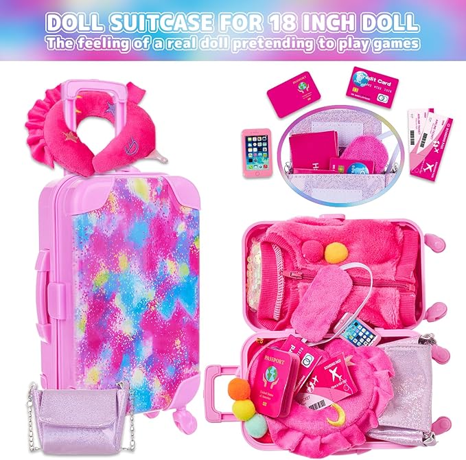 K.T. Fancy 18 Inch American Doll Clothes and Accessories, Doll Travel Suitcase Playset for Girls, Cute Travel Doll Clothes for 18 Inch Girl Doll(Not Include Doll & Shoes)