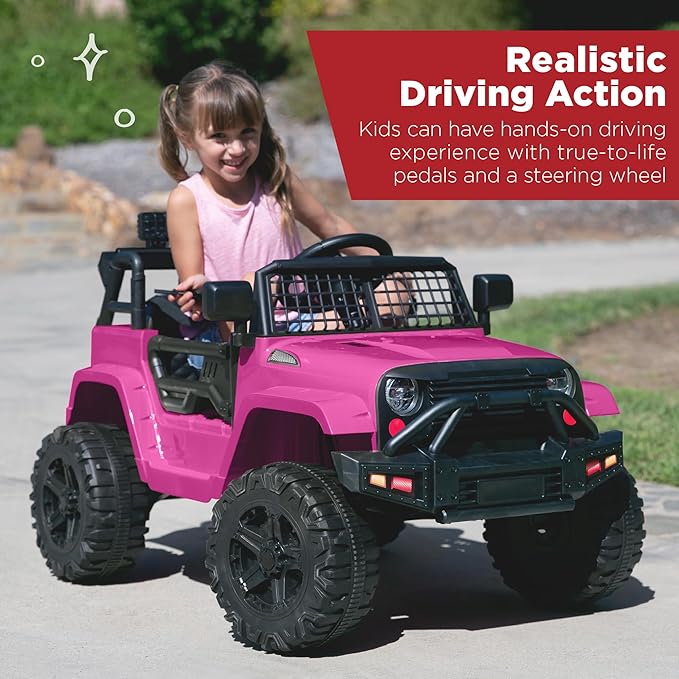 Best Choice Products 12V Kids Ride On Truck Car w/Parent Remote Control, Spring Suspension, LED Lights, AUX Port - Hot Pink