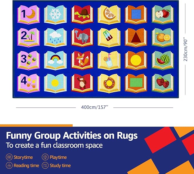 Educational Classroom Rug 7'5"x13' Blue Carpet with 24 Seats Reading Books Kids Playmat Non Slip Seating Rug for Elementary, Preschool, Nursery, Kids Room