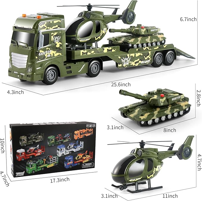 Dwi Dowellin Green Military Big Truck Toys,25.6" Semi Truck Toy with Helicopters and Tank,Army Toys with Lights & Sounds,Birthday Gift for 2 3 4 5 Years Old Boys and Girls