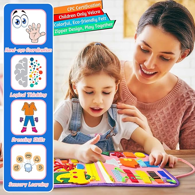 iooo Toddler Busy Board Montessori Toys for 1 2 3 4 Year Old, Sensory Board with Buckles Educational Activities for Learning Fine Motor Skills, Gifts Toy for Girls Boys for Airplane Car (Pink-3)