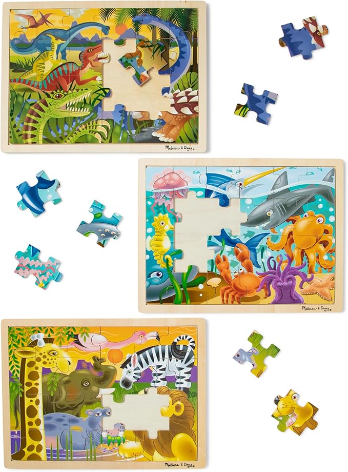 Melissa & Doug Jigsaw Puzzle Bundle (Dinosaur,Safari and Ocean) - Animal Puzzles, Wooden Jigsaw Puzzles For Kids Ages 3+